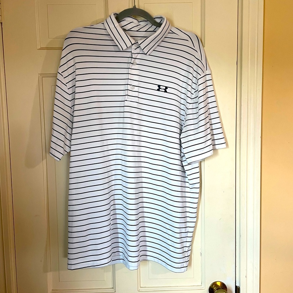Under Armour UA HeatGear Men’s Playoff Polo Golf Striped White Shirt Size XL